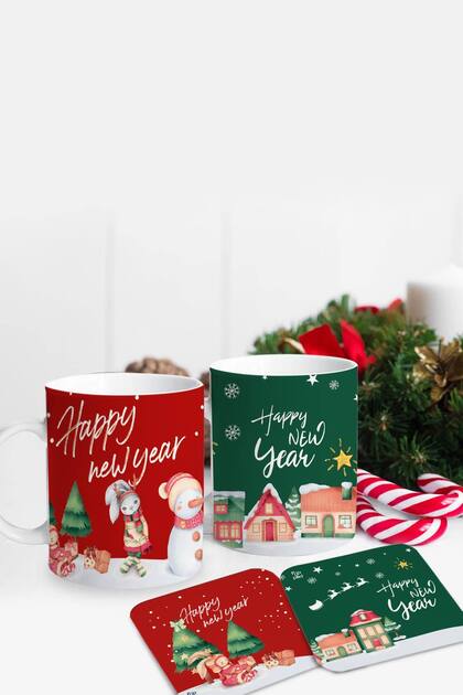 Yılbaşı Happy New Year Bardak Altlıklı Ikili Kupa Seti