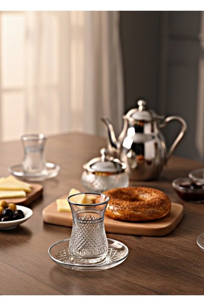 Handcrafted Square Cut Decorated Ajda 12 Piece Tea Set for 6 People - Luxury Glass Set
