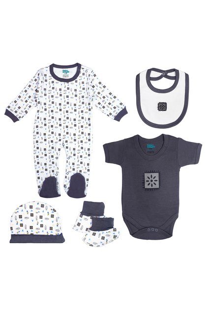 5 piece Sets include Bib, Romper, Mittens, Cap and Sleepsuit, 9-12 Months , Gray