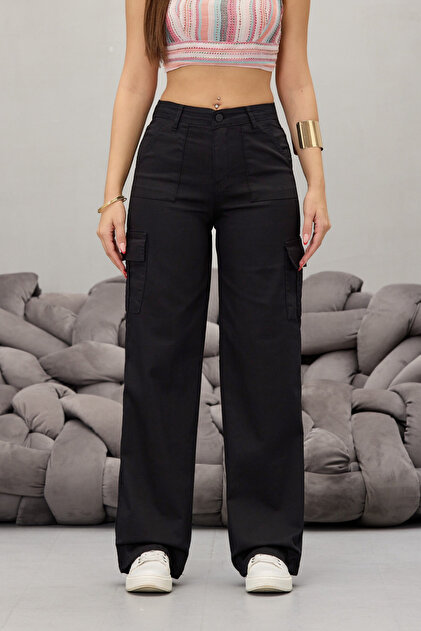 【miiiyu】Lig. wide cargo pants ブラック BİKELİFE Black Cargo Pocket Lycra High Waist Wide Leg Trousers