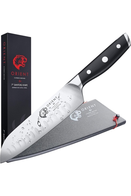 Cuțit de bucătar Santoku, seria Carbon, oțel inoxidabil german, X50 Ultra +, negru