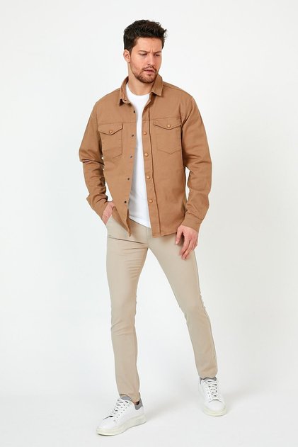 Men's Classic Urban Style Denim Shirt with Double Pockets for Daily Use Regular Cut Camel