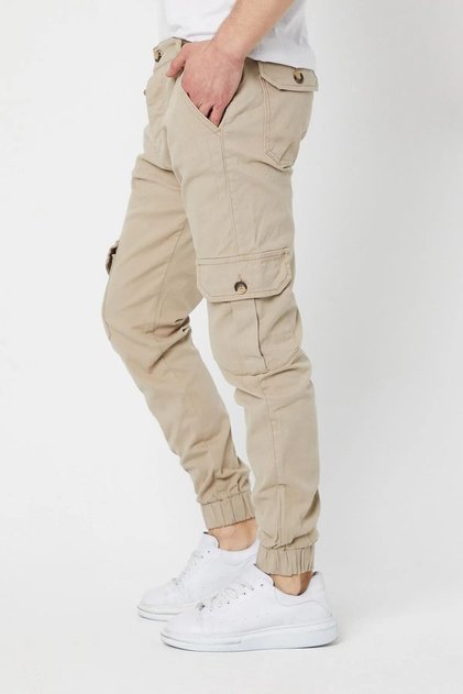 Men's Elastic Leg High Waist Stone Cargo Pocket Trousers