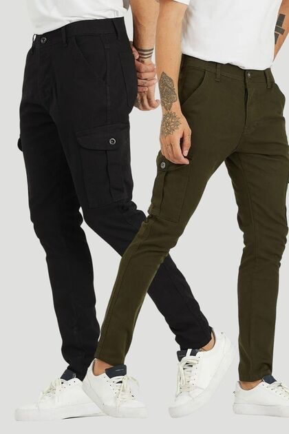 Men's 2-Piece Comfortable Daily Use For Working Young Modern Cargo Pocket Trousers Black And Khaki