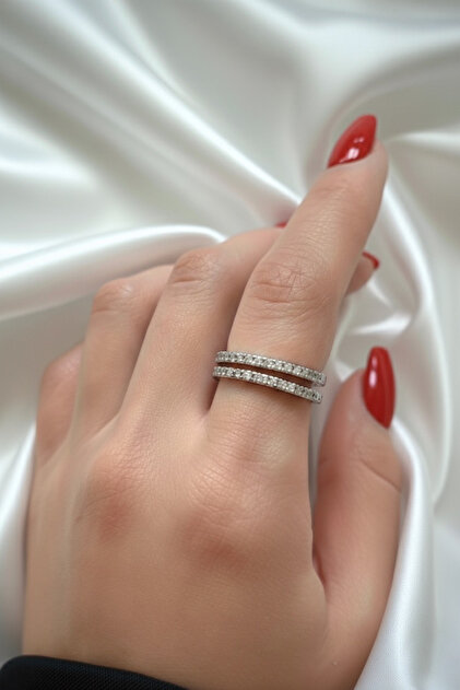 Double Row Women's Ring with Stones Adjustable Gold and Silver Color Steel-Like Jewelry