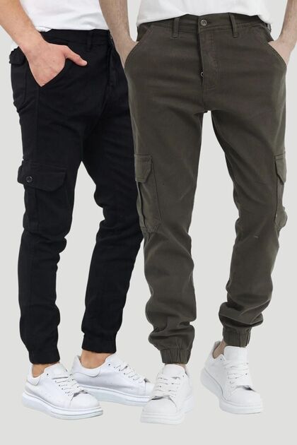 Men's 2 Pocket Elastic Leg Casual Daily Young Modern Cargo Pocket Trousers Black And Khaki