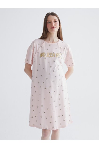 Crew Neck Patterned Maternity Nightgown