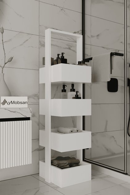Multi Çok Amaçlı Banyo Rafı, Sepetli Çok Amaçlı Raf, 4 Raflı 120 CM, Beyaz