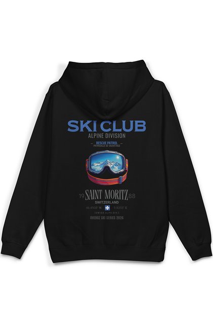 سويت شيرت Ski Club Kayak Snowboard مطبوع بغطاء رأس Semi قصة فضفاضة أسود هوديي 1409