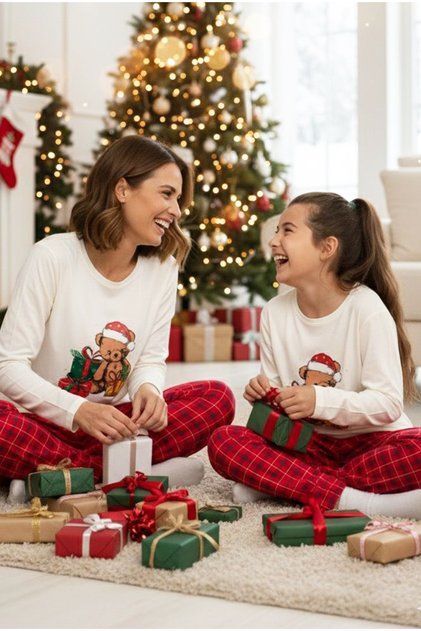Red Plaid Pattern Cotton Crew Neck Knitted Pajamas Suit 25241126