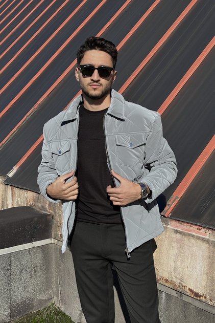 Shirt Collar, Oversized, Double Pocket Flap, Diamond Patterned Quilted Jacket 2504