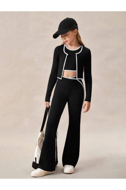 Girl's Stripe Detail Crop-Cardigan 3-Piece Tracksuit Set