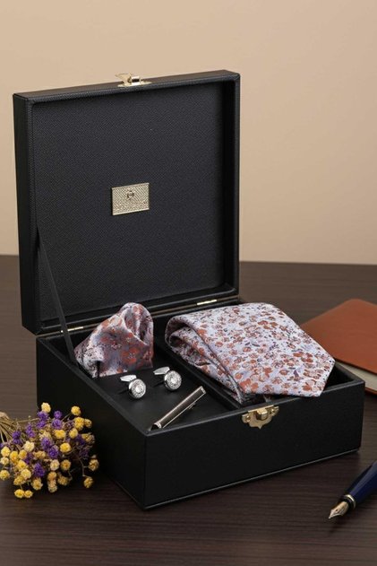 Black Men's Gift Box - Tie with Handkerchief Cufflinks Tie Clip Kmk79