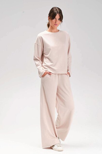 Women's Long Sleeve Crew Neck Wide Leg Ecru Cupra Tracksuit Set C9T3N1