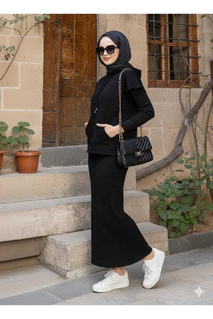 Hooded Pocket Dress-Sweater 2-Piece Knitwear Set