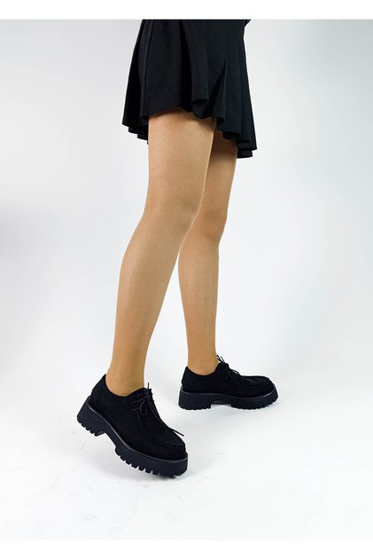 Black Color Suede Leather Lace-Up Thick Sole Women's Loafer Shoes between Sizes 36-40