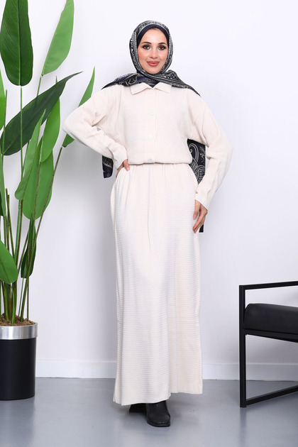 Cream Shirt Collar Buttoned Knitwear Skirt Set
