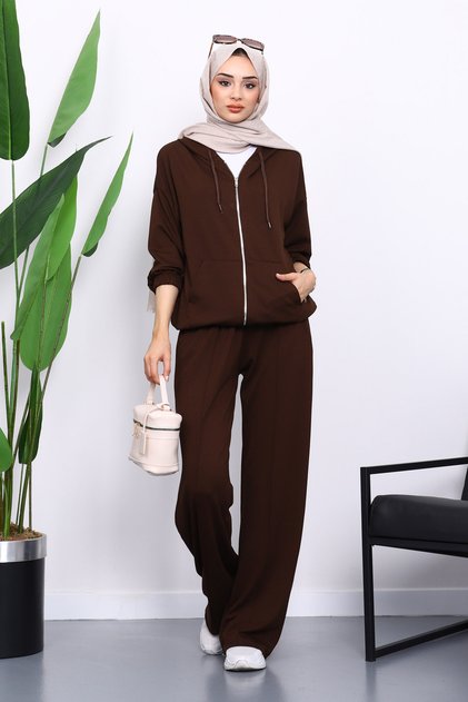 Brown Hooded Zippered Kangaroo Pocket Modal Set