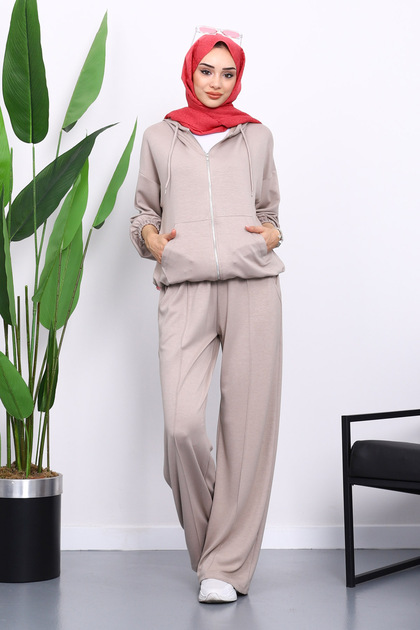 Stone Hooded Zippered Kangaroo Pocket Modal Set