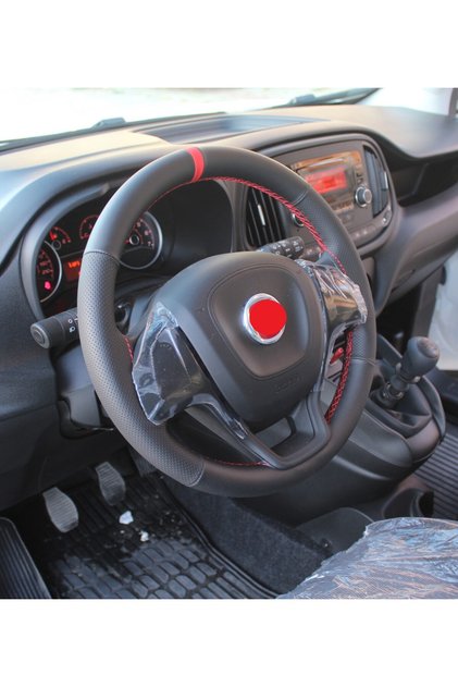 Fiorino-Doblo-Egea Direksiyon Kılıfı Dikmeli Çift Desenli Yüzüklü İthal Deri Kırmızı-Dikişli