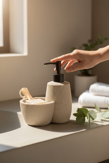 Krem Doğal Taş Dokulu Siyah Pompalı Hazneli Polyresin Sıvı Sabunluk 750 ML