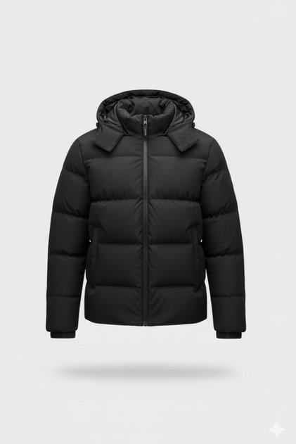 Men's Black Winter Puffer Jacket – Water and Windproof, Detachable Hooded