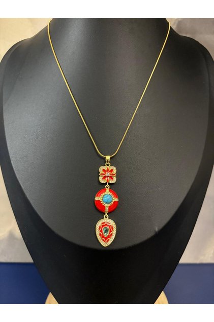 Kırmızı Mineli, Turkuaz Taşlı, Vintage Model, Çelik Kolye KARARMAZ