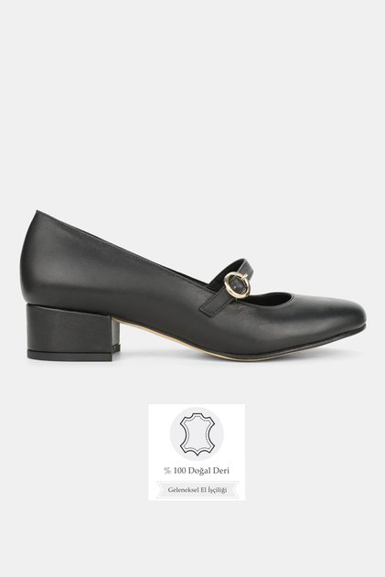 Women's Black Genuine Leather Size 35-41 Medium Heel Strapped Shoes