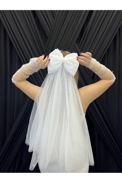 İncili Fiyonk Gelin Duvak İncili Eldiven Seti -After Parti Bride To Be Gelinlik Duvağı Tokası