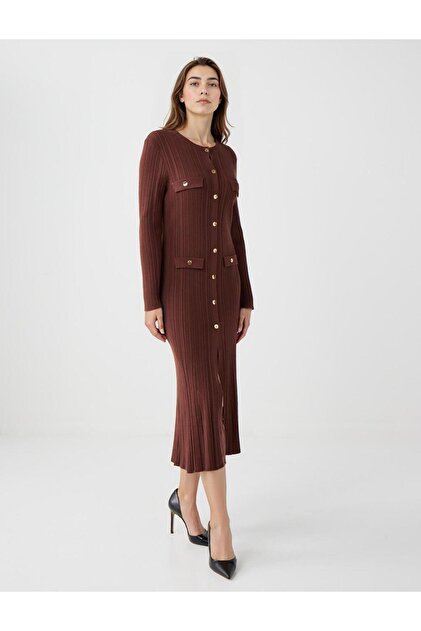 Jimmy Key Kahverengi Dar Kesim Bisiklet Yaka Midi Triko Elbise