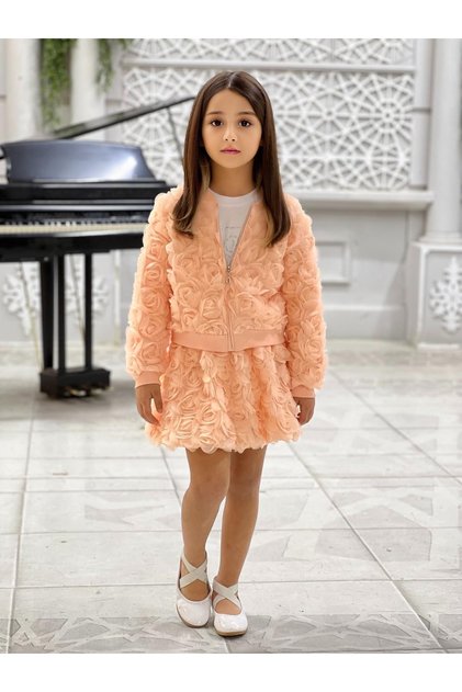 3-Piece Girls' Set with Imported Rose Fabric Jacket and Balloon Skirt