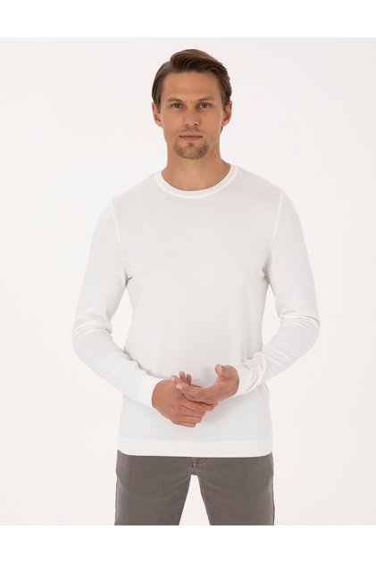 Ekru Slim Fit Bisiklet Yaka Triko Kazak 50316798-VR019