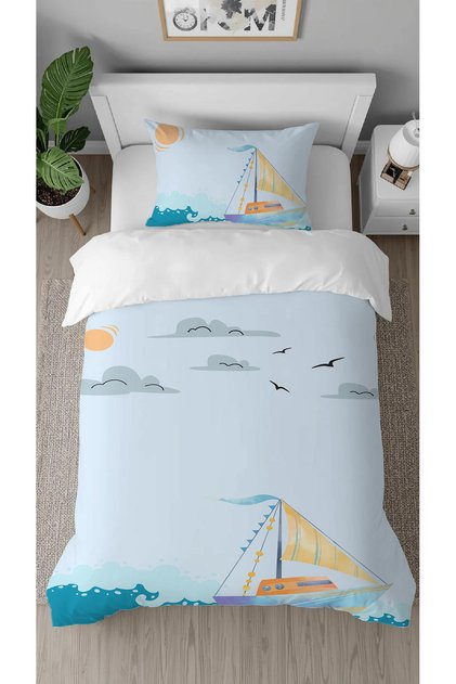 طقم غطاء لحاف للأطفال بتصميم خاص رقمي مطبوع من Sea Ship Ocean Sun بدون ملاءات