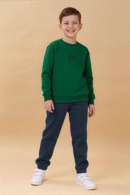 Boy's Crew Neck Embroidered Winter Suit - Green