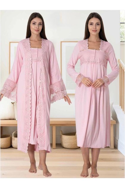 Women's Pink Special Design Lace Detailed Maternity Nightgown Nightdress Set of 2 (Effortt)
