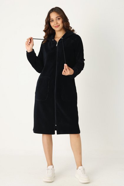 Women's Navy Blue Zippered Pocket Cotton Velvet Long Sleeve Dress