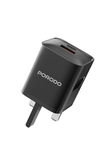 Dual Port Wall Charger UK with USB-C to USB-C Cable, PD 20W, QC 20W - Black