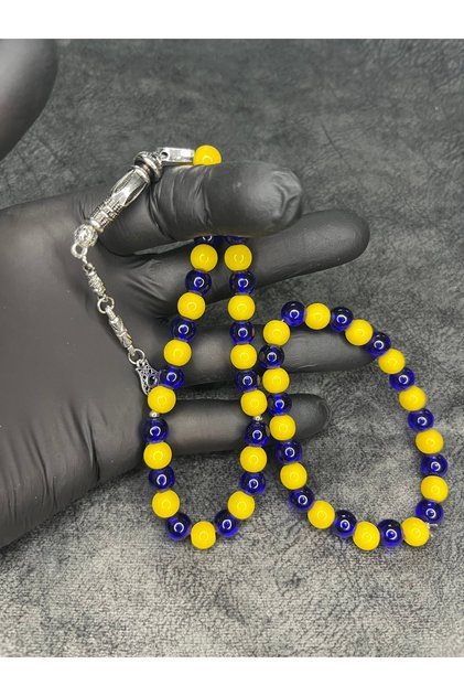 Yellow Navy Blue Fan Glass Beads Natural Stone Prayer Beads and Bracelet Set