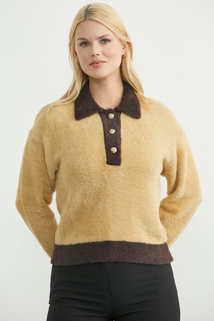 Polo Neck Color Gradient Knit Sweater - Beige