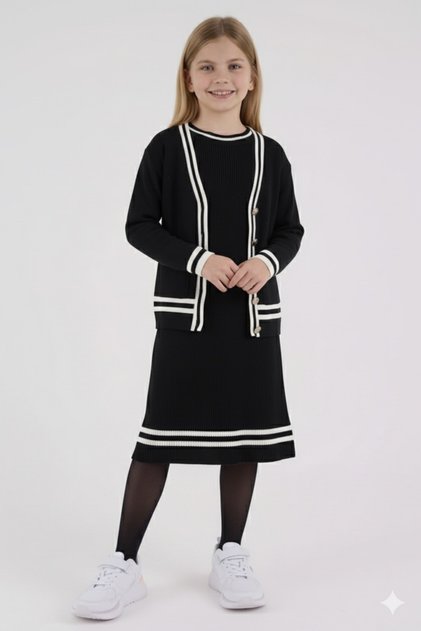 Striped Detailed Dress and Cardigan Button Detailed Knee Length Children's Knitwear Dress -323433