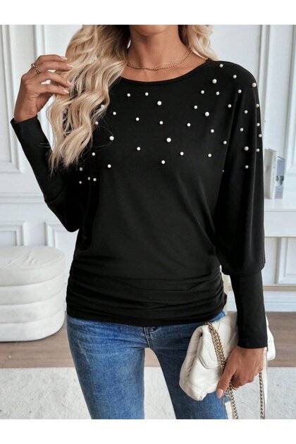 Women's Long Sleeve Round Neck Pearl Viscose Blouse
