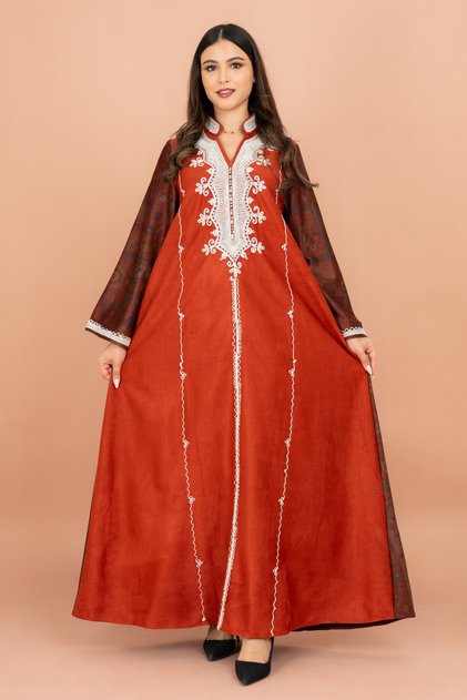 Mandarin Colar White Embroidery Winter Straight Cut Jalabiya