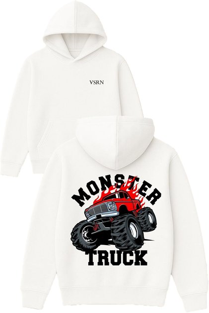 Monster Truck Design Printed Oversized White Hooded Sweatshirt