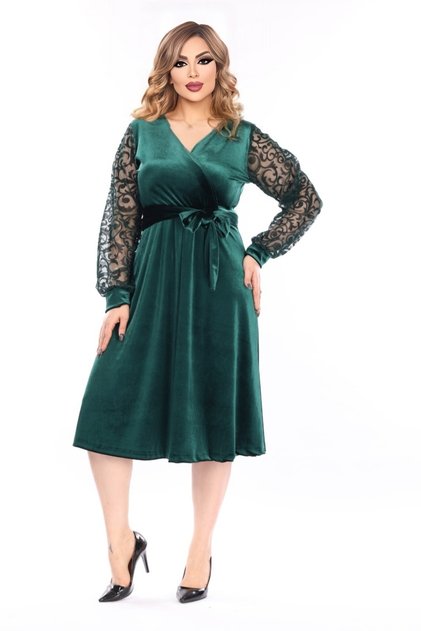 Rochie eleganta Melisa, din catifea, cu maneca de dantela, cu decolteul petrecut