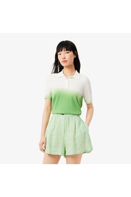 Kadın Classic Fit Kısa Kollu Polo Yaka Renk Bloklu Yeşil Triko