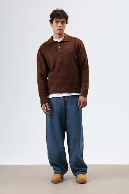 Polo Neck Soft Textured Knit Sweater Brown
