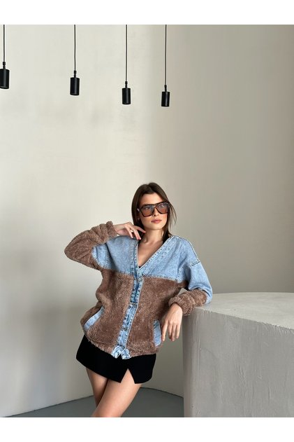 DENİM DETAYLI PELUŞ KADIN ÇEKET