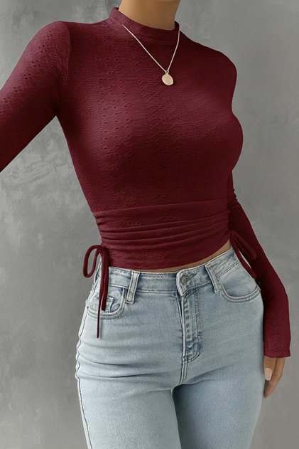 Bordo Dantel Desenli Uzun Kollu Crop Bluz,Bordo Nakış Desenli Yan Büzgülü Likralı Bluz,Şık Bordo Üst