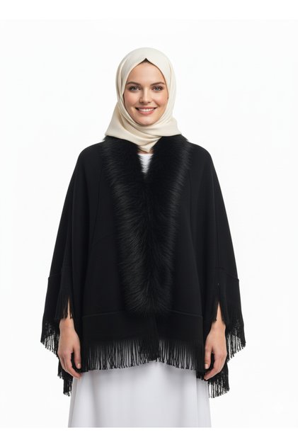 Black, Fur Collar Tassel Knit Cape Poncho