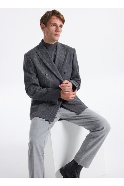 Slim Fit Koyu Gri - Antrasit Erkek Çizgili Ceket SANKRUV- P- B
